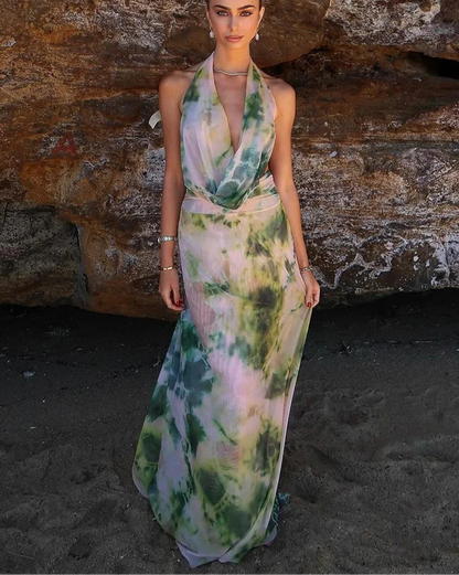 Backless Halter Mesh Ruffles Matching Suit Green