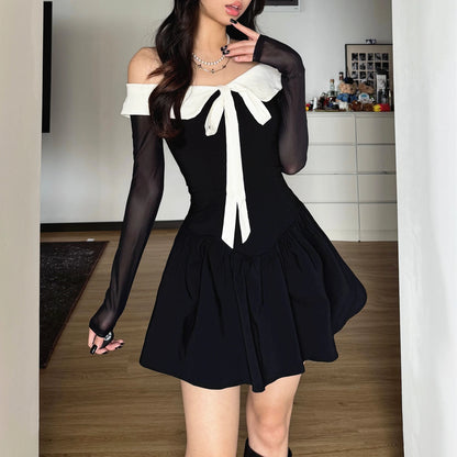 Black Off Shoulder Long Sleeve A-Line Mini Dress