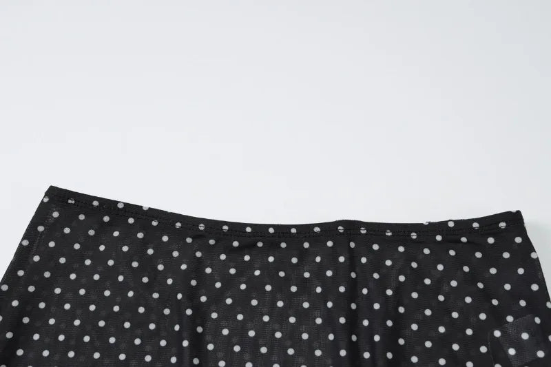 Black Polka Dot Mesh Sheer Top and Long Skirt Two Piece Set