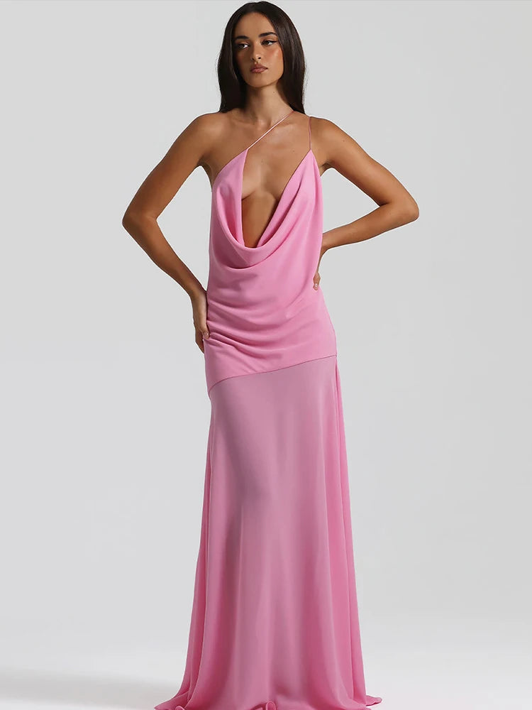 Mesh Partchwork Maxi Dress Halter Swinging Low Neck Backless Soft Long Concise High