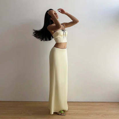 Apricot Satin Backless Crop Top and Midi Skirt Two Piece Set