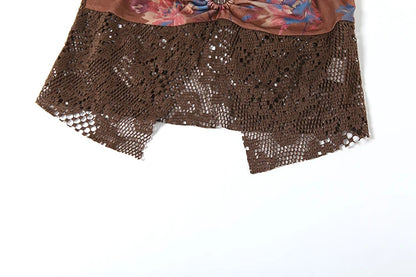 Brown Knit Halter Patchwork Three-Piece Set