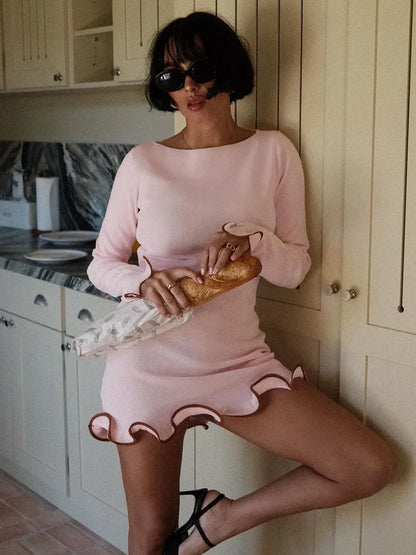 Ruffled High Waist Knit Mini Dress Pink Mini Dress