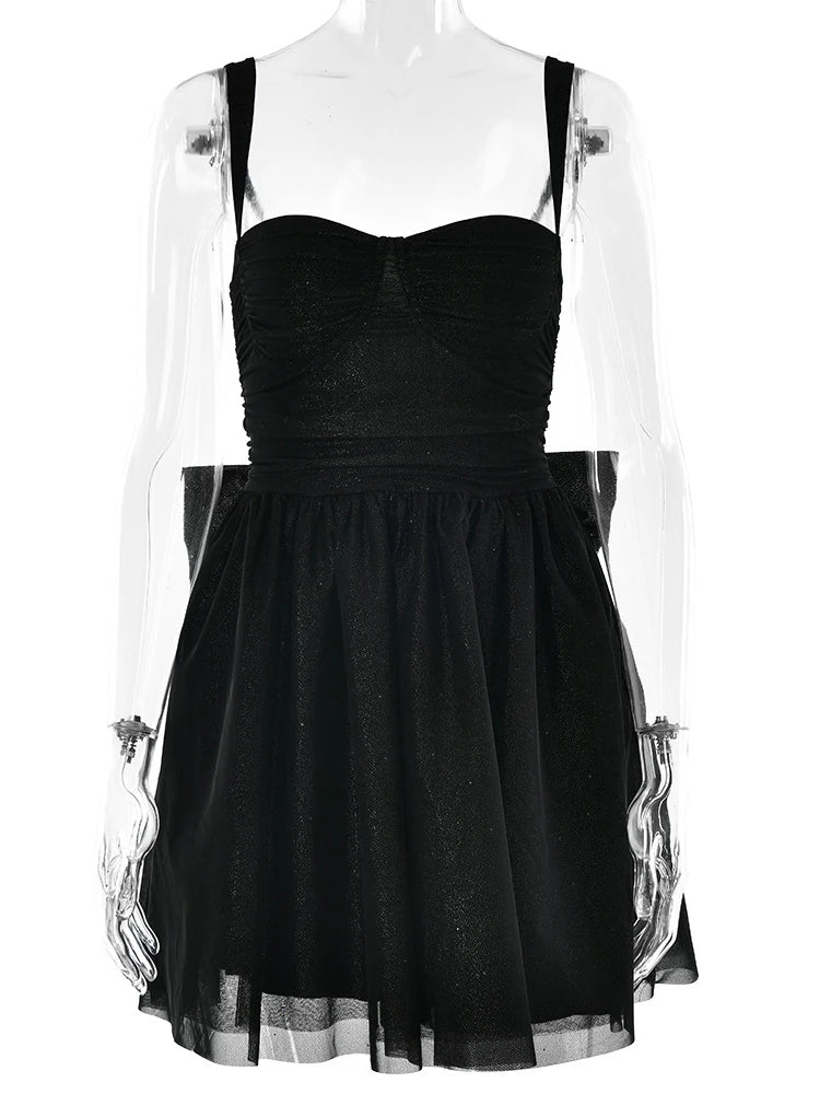 Glitter Bright Sil A-line Bow Dress Black Spaghetti Strap Dress Slim Dress