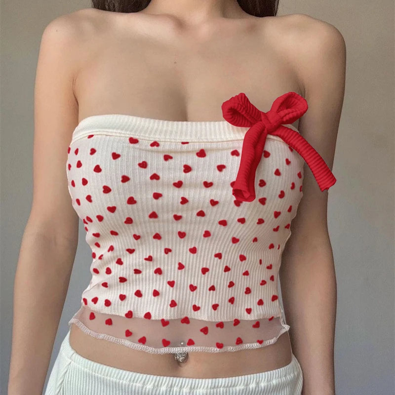 Red Strapless Polka Dot Lace Crop Top