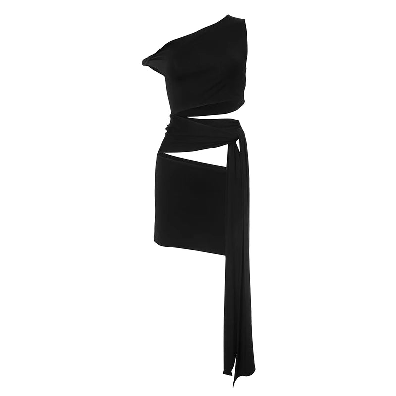 Color Oblique Collar Strapless Sleeveless Slim Tie Short Dress Hollow Out Hip Dress