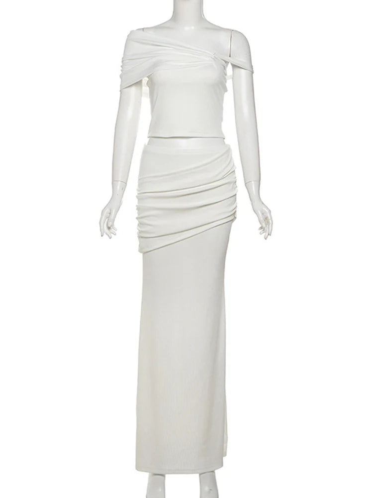 Solid Long Skirt Suit Slant Shoulder Tank Top Ruch Splice High Waist Skirt Set