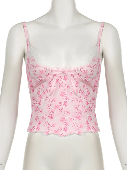 Pink Lace Bow V-Neck Top