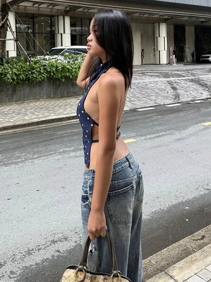 Polka Dot Backless Halter Tank Top