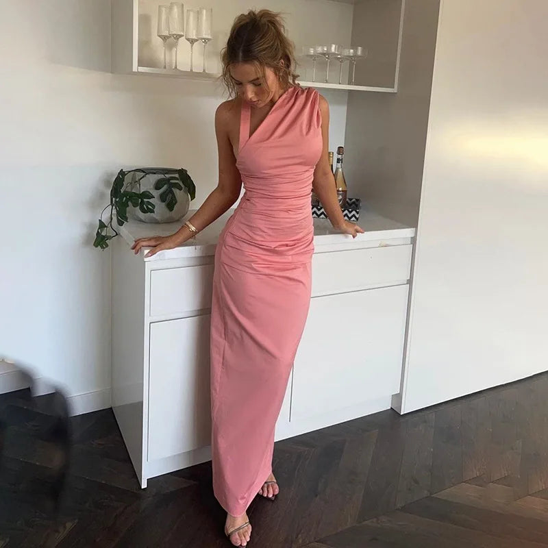 Slant Collar Halter Long Dress Ruch Backless Dress Bodycon Slit Dress