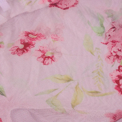 Pink Floral See Through Mesh Ruffled V-Neck Backless Top