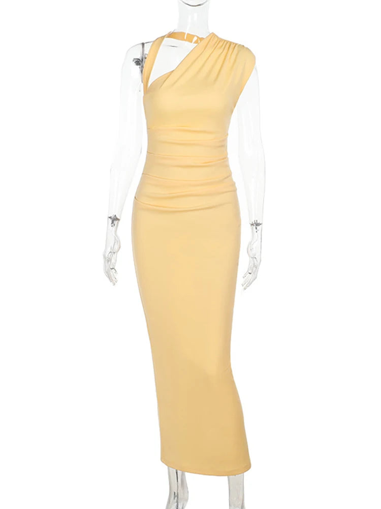 Slant Collar Halter Long Dress Ruch Backless Dress Bodycon Slit Dress