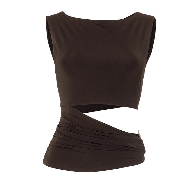 Brown Hollow Out Sleeveless Round Neck Top
