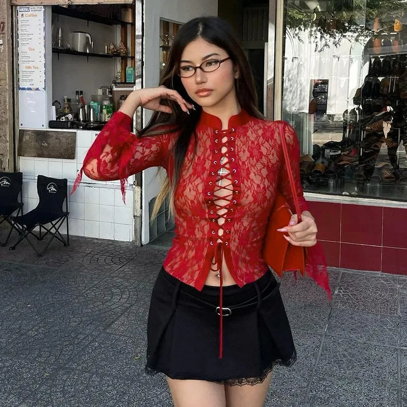 Red See Through Lace Top