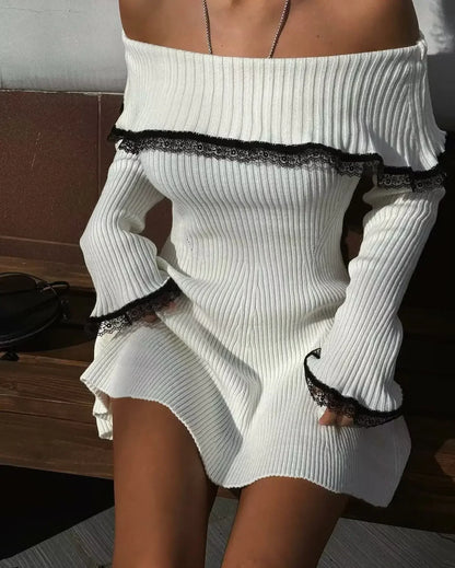 Off Shoulder Long Sleeve Knitted Mini Dress White S