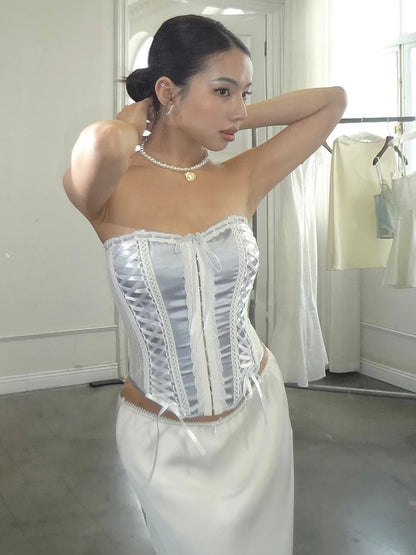 White Mesh Lace Backless Corset Top