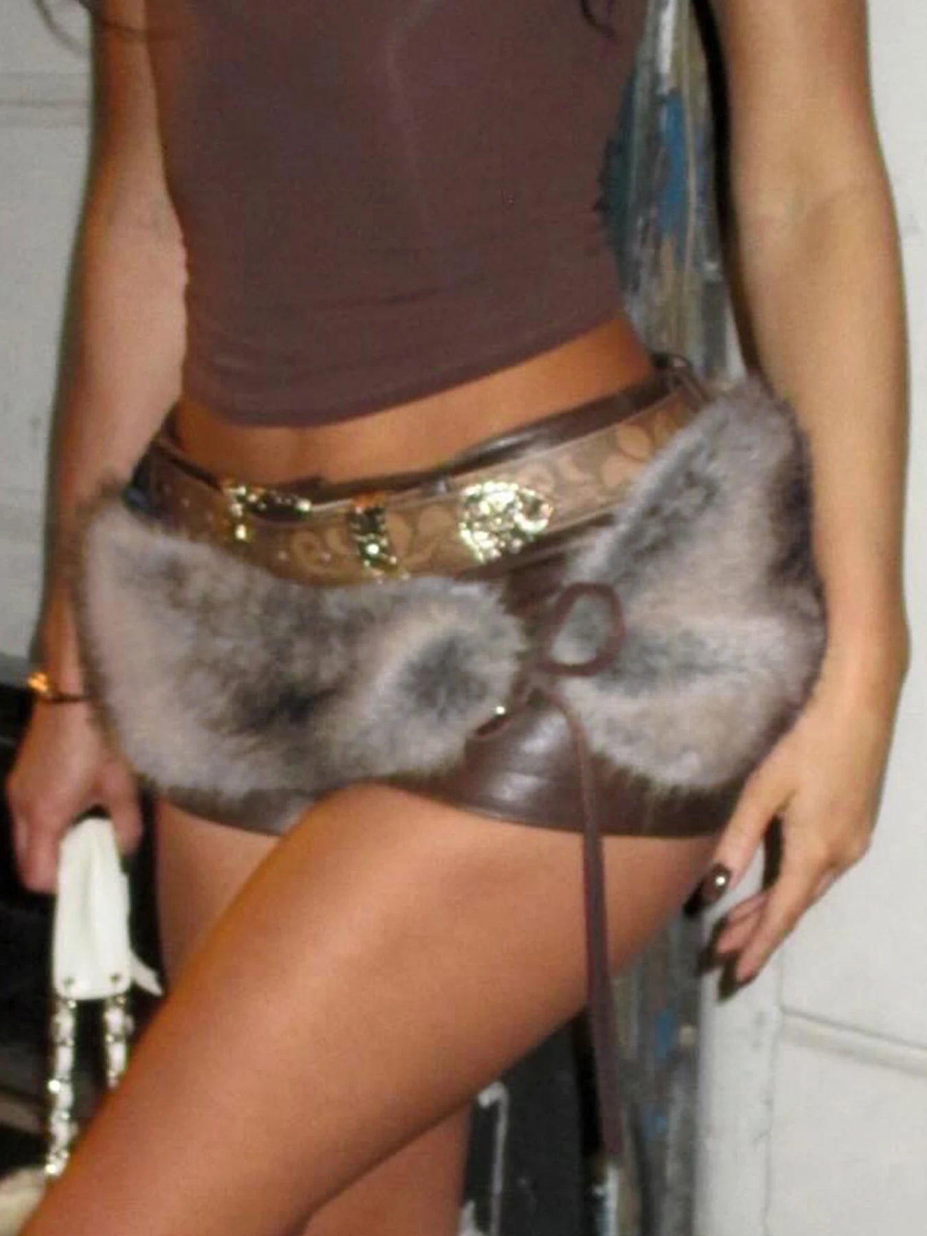 Low Waisted Mini Leather Shorts Furry Belts Waist Bottoms