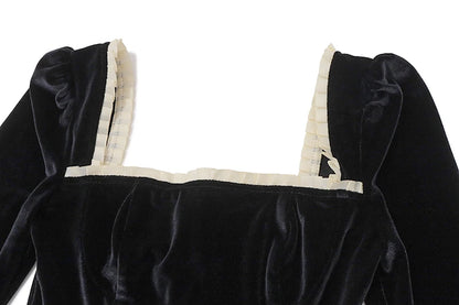 Black Square-Neck Patchwork Long Sleeve Top
