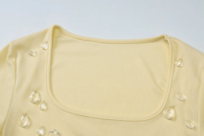 Knit Square Collar Long Sleeve Slim Water Droplets Diamond Top