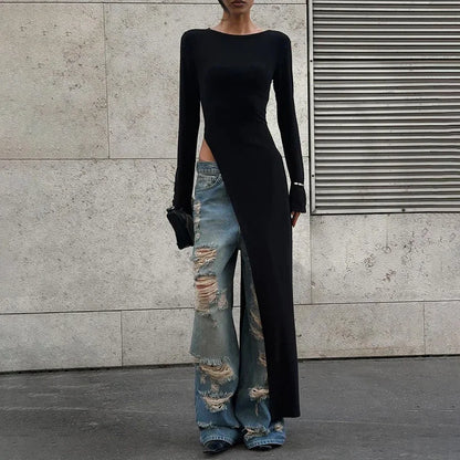 Asymmetrical Long Sleeve Black Top