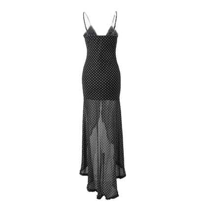 Black Backless V-Neck Polka Dot Maxi Dress