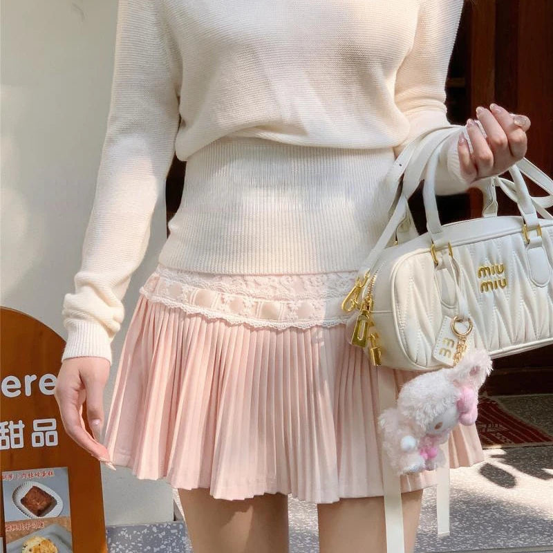 Pink Pleated Lace Bow Mini Skirt