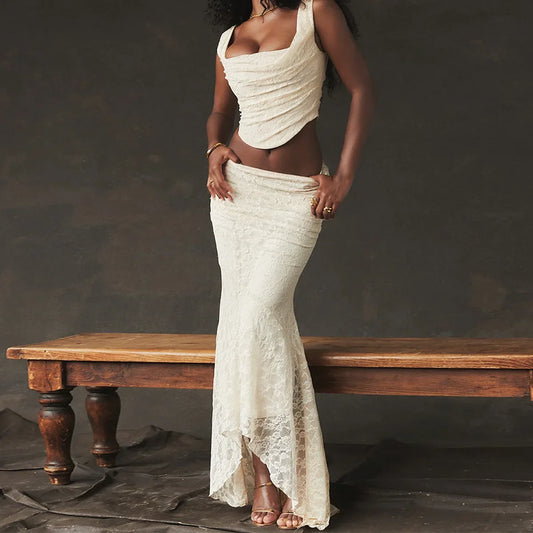 Ivory Lace Top and Maxi Skirt Set