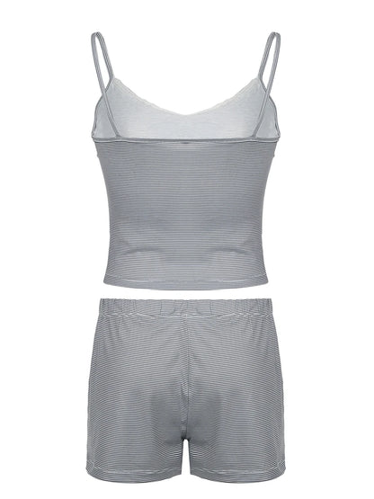 Strip Lace Patchwork Two Piece Set - Camisole & Shorts
