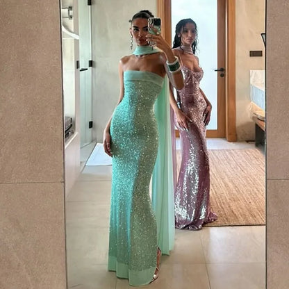 Sequined Strapless Backless Slit Maxi Dress