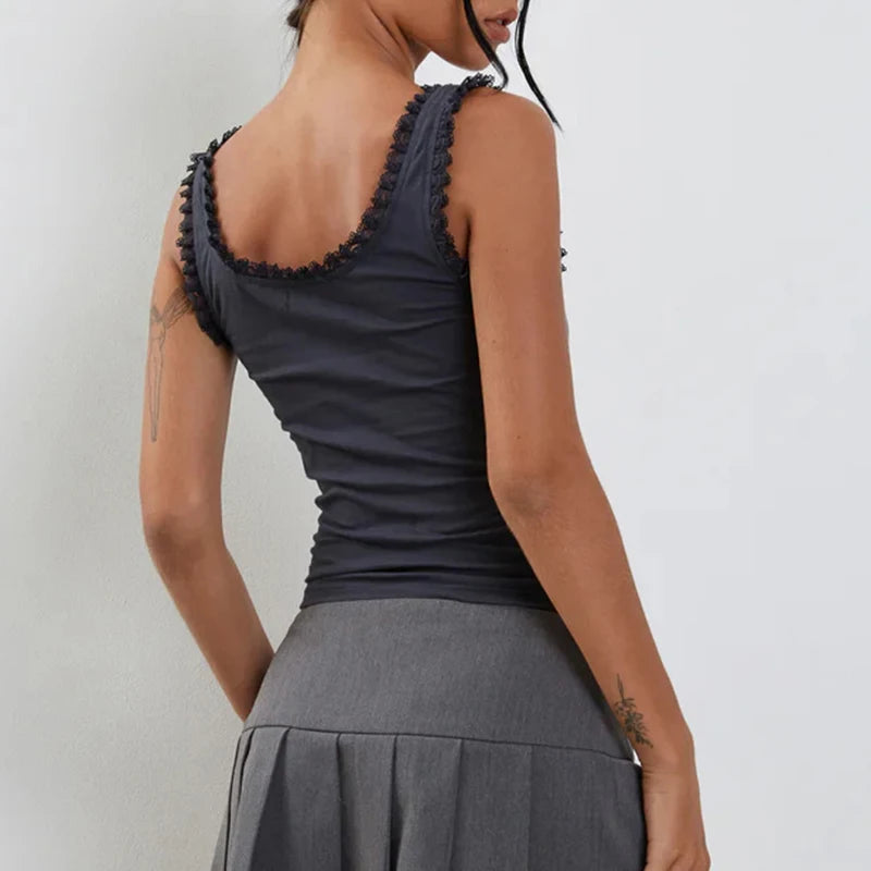 Bow Print sweet Camis Sleeveless Lacework Vests Square Collar Crop Top