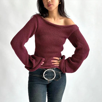 Knit Off Shoulder Slim Long Bell Sleeve Sweater