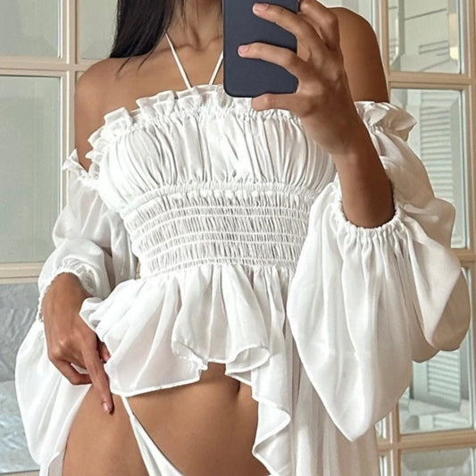 White Off Shoulder Long Sleeve Crop Top