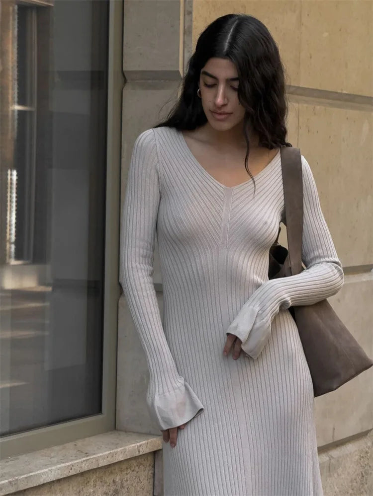 V-Neck Ribbed Knit Dress Patchwork Ruffled Slim High Waist Long Sleeve Bodycon Dress Knit Vintage Maxi Dress