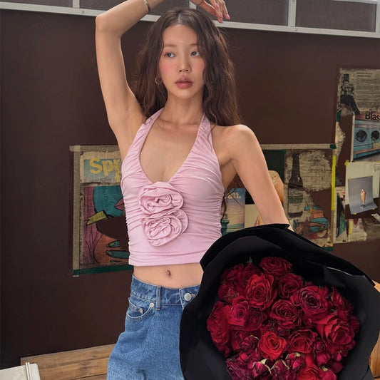 Pink V-Neck 3D Flower Top