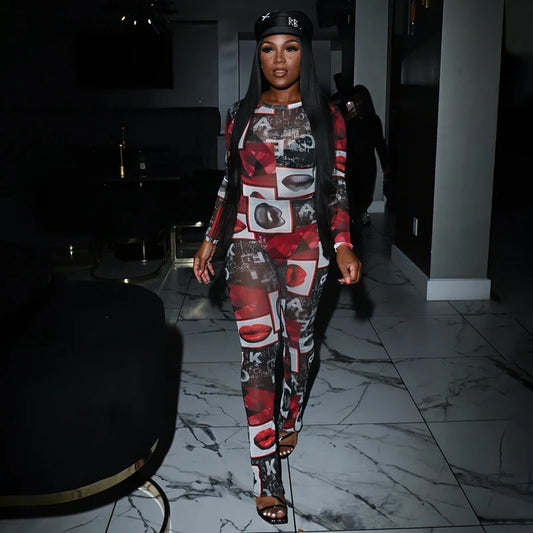 Alphabet Lip Pattern Sheer Meh Long Sleeve Set Round Neck Long Sleeve Flar Long Pant Set