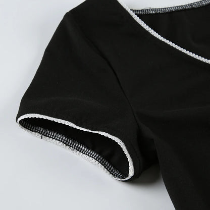 Crewneck Bow Patchwork Ruched Tee Shirt