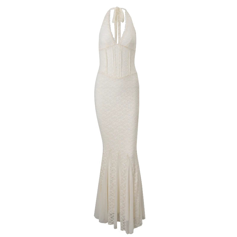 Apricot Lace V-Neck Backless Bodycon Maxi Dress