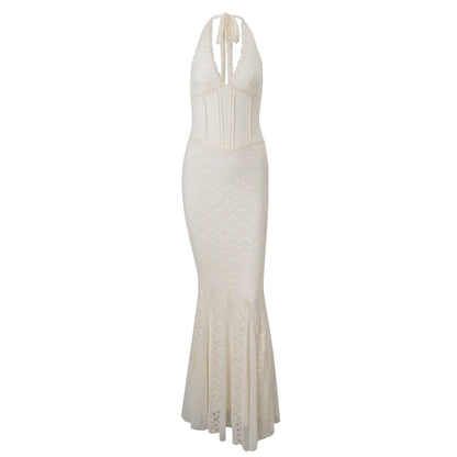 Apricot Lace V-Neck Backless Bodycon Maxi Dress