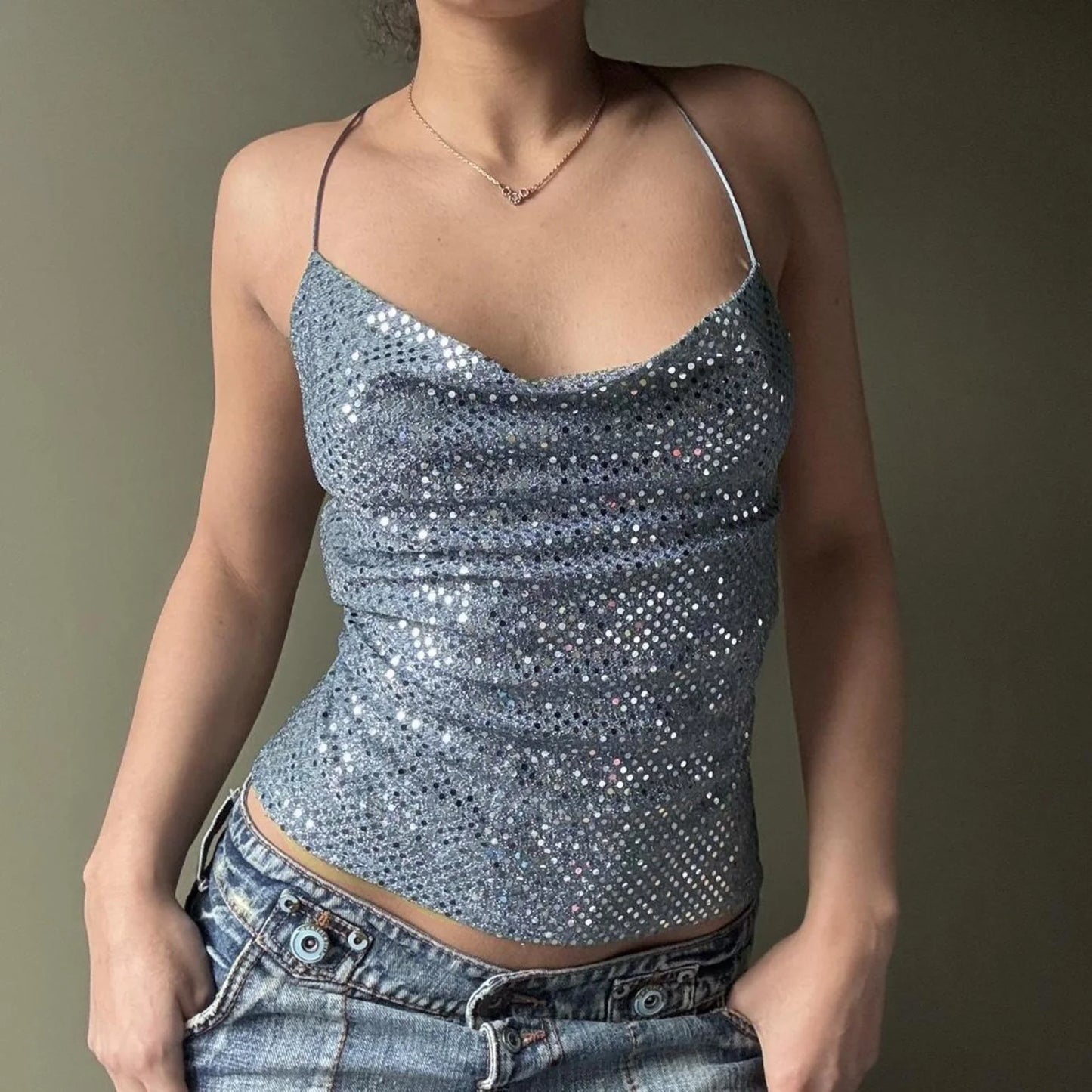 Blue Sequins Backless Halter Sleeveless Top