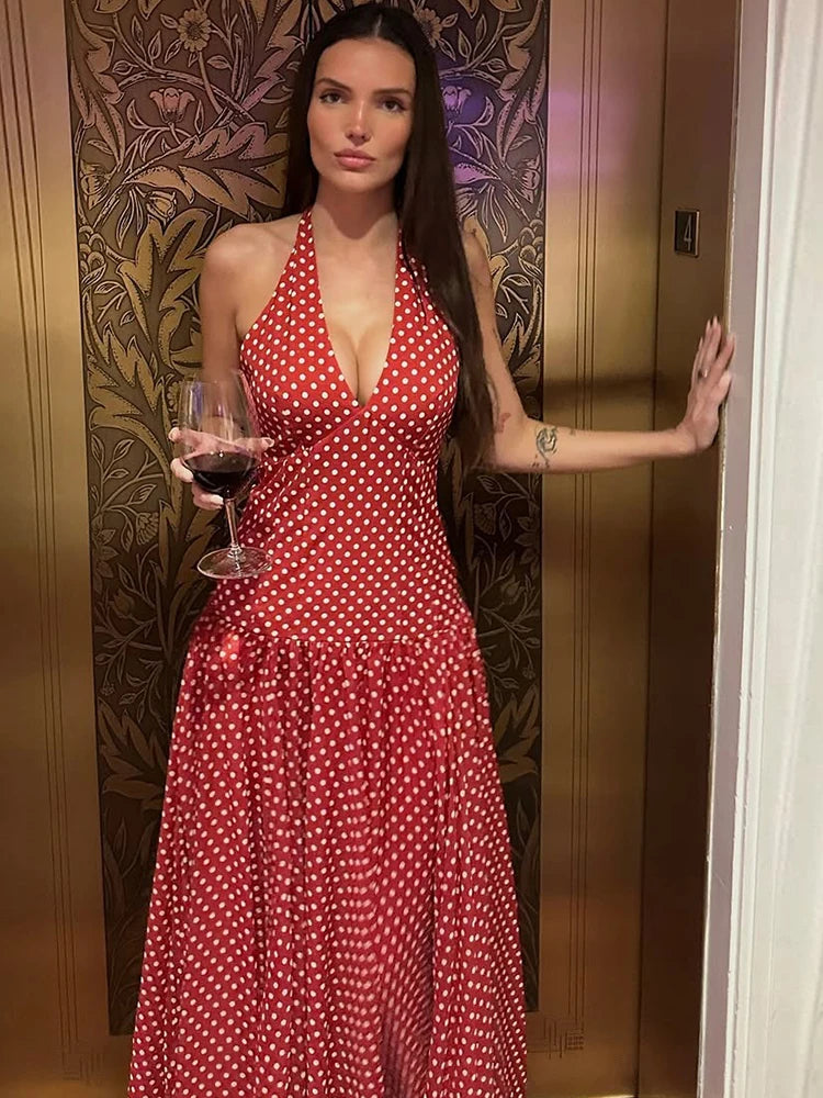 Red Polka Dot Halter Backless A-Line Maxi Dress