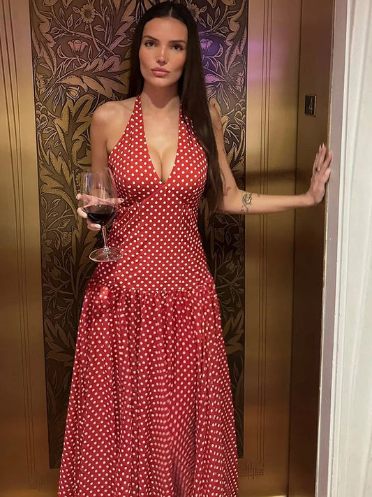 Red Polka Dot Halter Backless A-Line Maxi Dress
