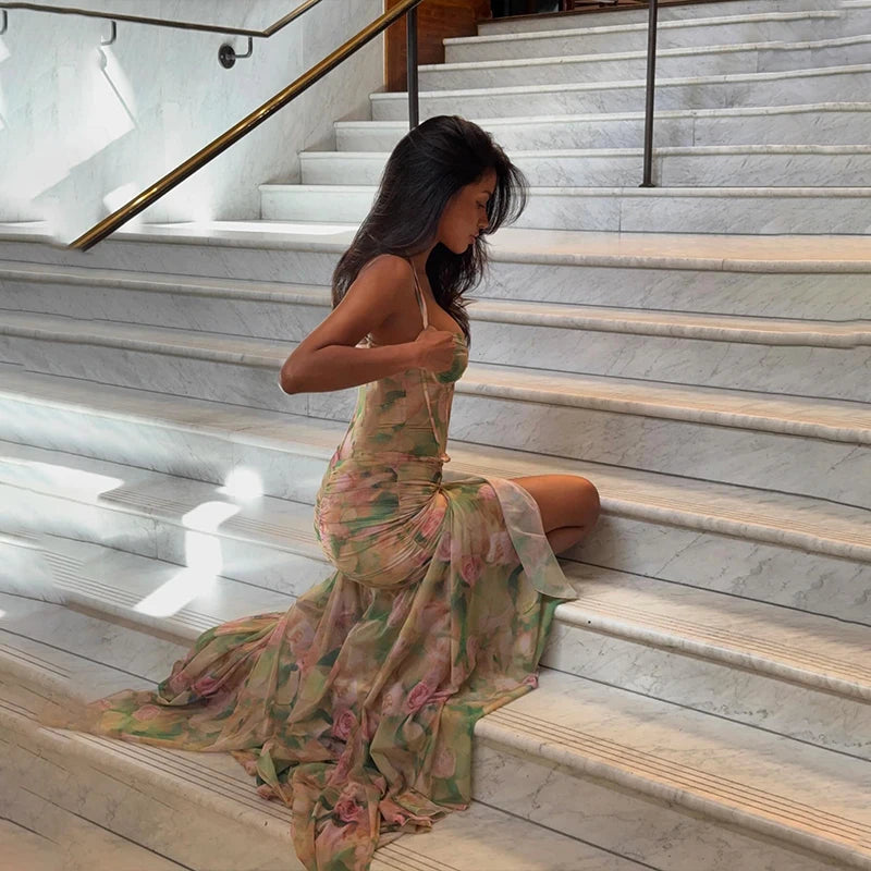 Green Floral Bodycon Split Maxi Dress