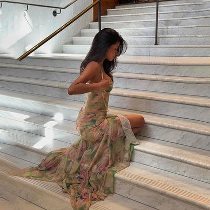 Green Floral Bodycon Split Maxi Dress