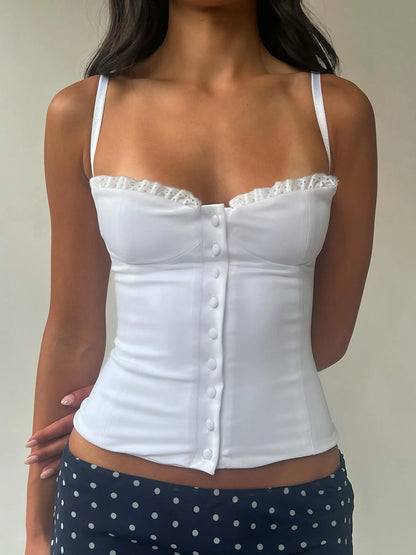 Lace Button Slim Crop Top WHITE