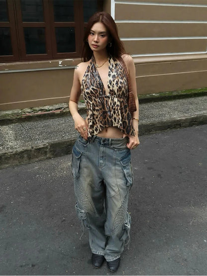 Leopard Sequins Backless Top