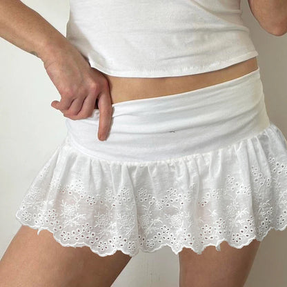 White Embroidery Mini Skirt with Shorts