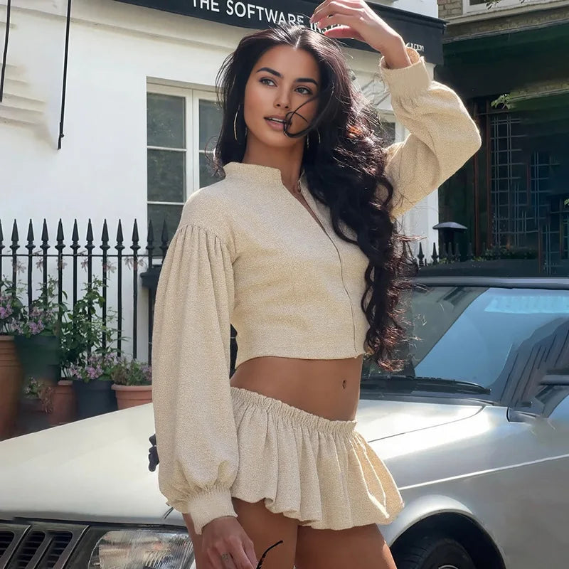 Long Sleeve Zipper Jacket and Bubble Shorts Two Piece Set