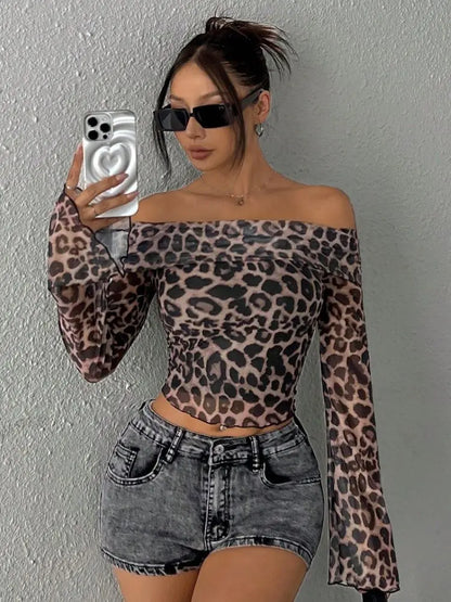 Leopard Print Long Sleeve Mesh Ruched Slim Crop Top