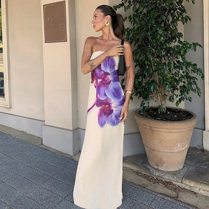 S Floral Print Long Dress - Strapless Sleeveless Backless Apricot