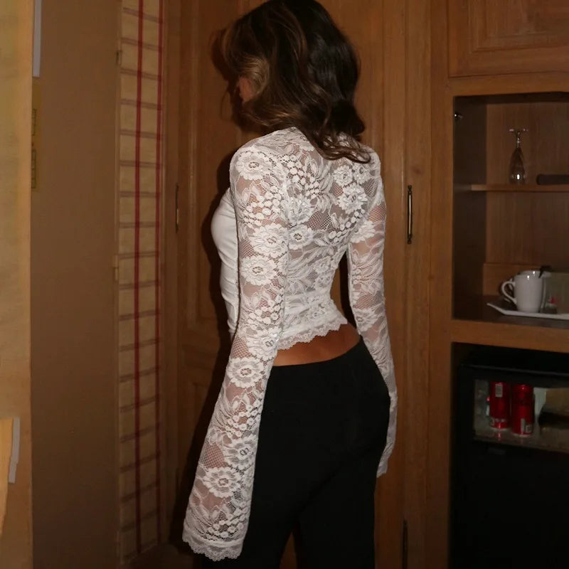 See Through Lace Square Neck Long Sleeve Top
